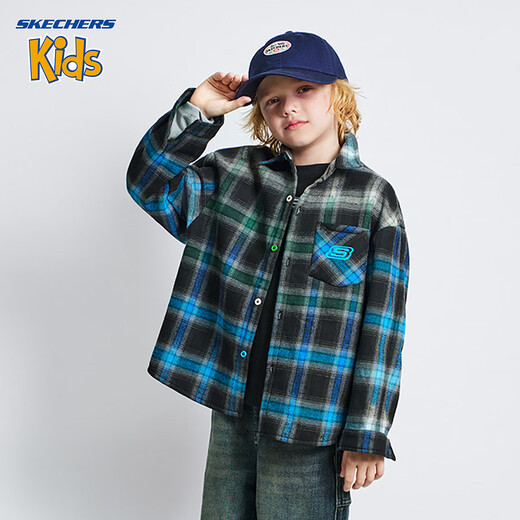 Skechers children's clothing boys' shirt winter style plaid top for middle and large children, lake blue 130