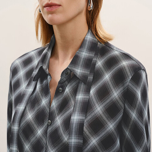 LESS shopping mall same style 2026 spring new commuter temperament plaid ribbon shirt for women 2Q1213020 097 black and green L