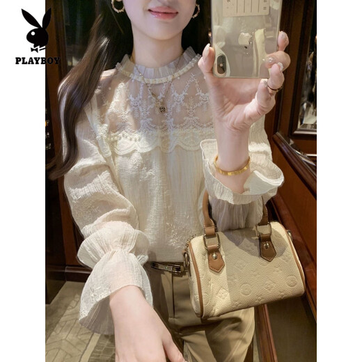 Playboy (PLAYBOY) new velvet French palace style loose beaded stitching lace trumpet sleeves stand-up collar shirt women's tops apricot regular style S