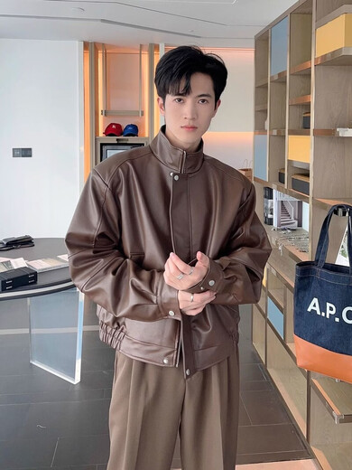 Lanye Mengxiang Xinji Leather Jacket Spring and Autumn Short Maillard Leather Jacket Men's Loose and Handsome Stand-up Collar Shoulder Pad Motorcycle Suit PU Black High-Quality Customized Model-Direct Sales M Recommendation 100-120Jin Jin is equal to 0.5 kg