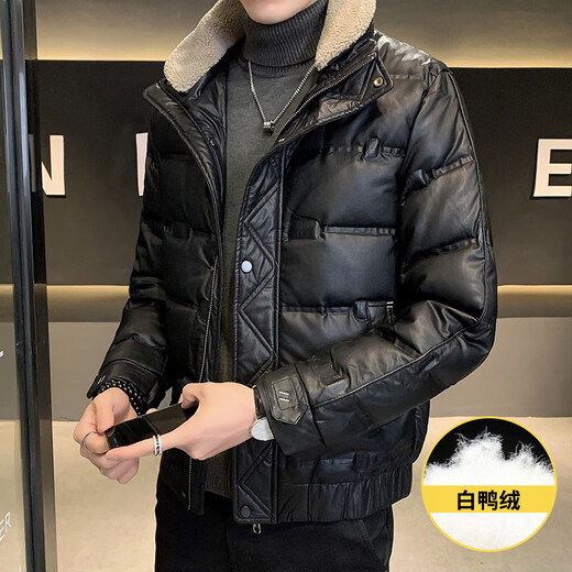 KBXNG劲霸冬季新款皮衣羽绒服男短款修身羊羔毛领夹克加厚保暖外套潮流 黑色(可拆卸毛领) L 90到105斤
