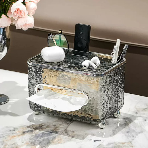 Yusenyi light luxury tissue box, high-end sense, home living room, high-end napkin box, creative paper drawer, paper box, remote control storage (black, gray and silver), divided model, multi-functional - with spring inside