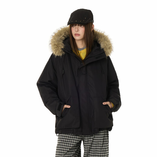 GROUND ZERO couple's large fur collar workwear style design 90 white duck down warm hooded down jacket black L