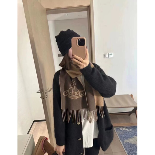 Vivienne Westwood Saturn pattern printed tassel velvet scarf, same style for men and women, New Year gift for couples, 8053195325931 camel color