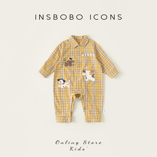 INSBOBO baby clothes 2026 spring and autumn new baby boy onesies baby wraps and rompers spring clothes yellow grid 66cm