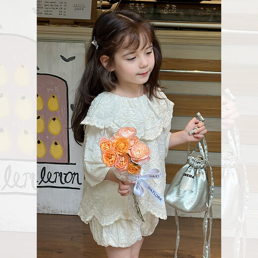 SEVEN BOBI No. 7 Children's Warehouse Girls' Korean Style Western Style Lapel Embroidered Jacquard Shirt Summer New Style Lace Trim Shorts Trendy Off-White Shirt Ready in Stock 120 cm