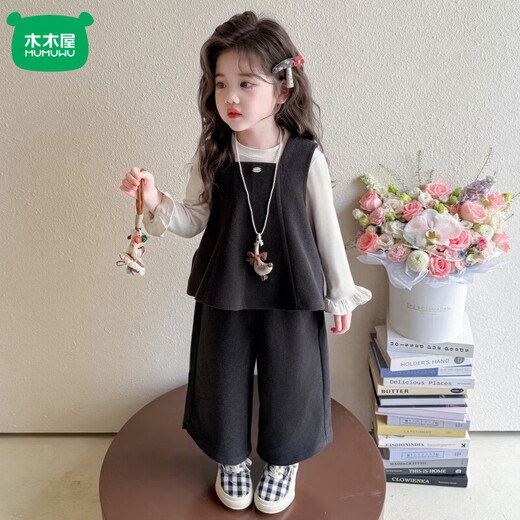 Mumuwu (mumuwu) foreign style girls' small fragrance suit autumn 2026 new style foreign style fashionable children's Korean baby vest three-piece set dark gray 80