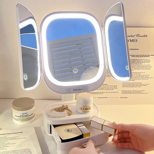 Mirror makeup mirror with light desktop desktop led makeup mirror home bedroom folding mirror student birthday gift female cream white