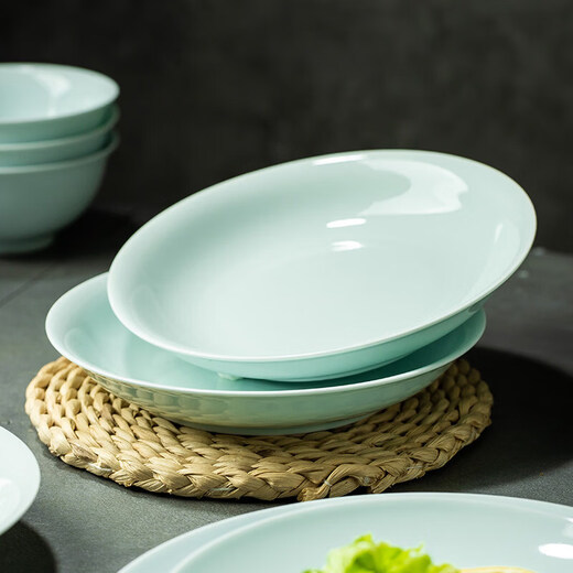Tuojin Jingdezhen high temperature shadow celadon dishes and spoons free combination rice bowl noodle bowl round plate household tableware gift porcelain 8.5 inch soup bowl 1 piece