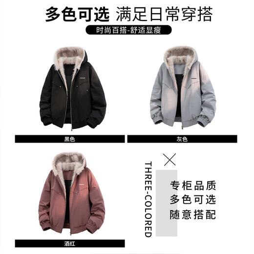 CHOCOOLATE it American retro black loose fur collar cotton jacket for men winter new warm outdoor casual versatile jacket black M recommended 90-125Jin Jin equals 0.5 kg