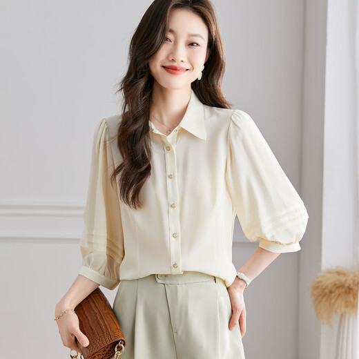 Shexi (Srcr) 100% mulberry silk European style lantern sleeve silk shirt women's spring and autumn fashion high-end top
