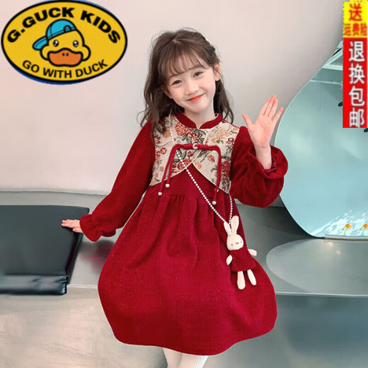 G.duck Girls Dress Autumn and Winter 2025 New Year's Eve Clothes Children's Winter Clothes Red Princess Dress Girls' Velvet Skirt Red Velvet (excluding pendants) 100