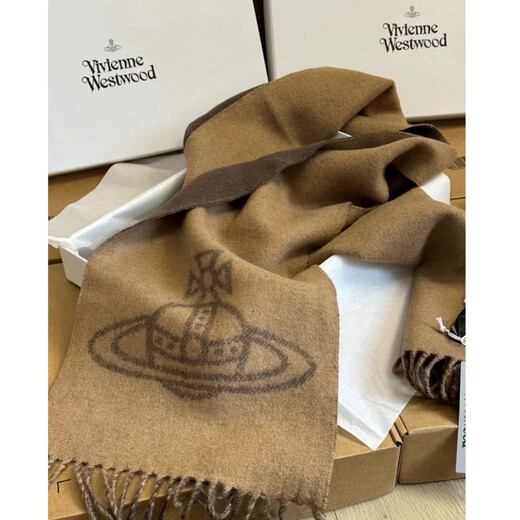 Vivienne Westwood Saturn pattern printed tassel velvet scarf, same style for men and women, New Year gift for couples, 8053195325931 camel color