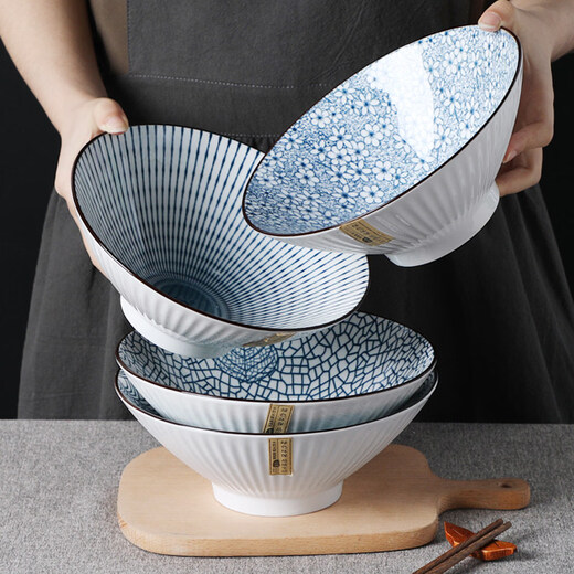 Yongfan German imported quality 4-pack Japanese-style bamboo hat bowls for home use ceramic underglaze colored noodle bowls creative personality Internet celebrity bubble 8-inch Yamada bamboo hat noodle bowls 4-pack - mixed color