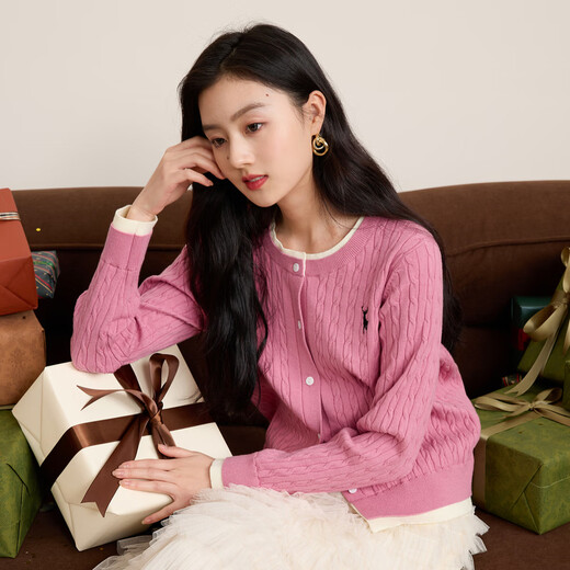 Sancai Ruochao plus size women's clothing 2026 spring new style fake two-piece knitted cardigan jacket cable embroidery fat mm cherry blossom pink M 160/88B