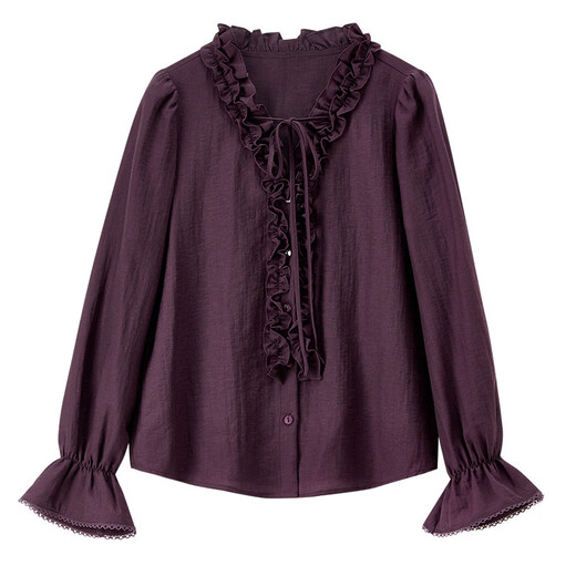 Chandubila Contains Linen & Lyocell Elegant Commuting Double Layer Ruffled V-neck Tie Lace Ruffled Sleeve Loose Shirt Cherry Red S