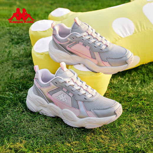 Kappa Children's Shoes Children's Sports Shoes Breathable Mesh 2026 New Spring Cushioning Wear-Resistant Casual Running Shoes for Men and Women Big Children Cold Gray/Light Lotus Pink 38