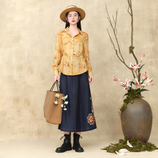 Su Luo's original <Pounding Practice Picture Yunli Imperial City 2> Spring new style national trend printed casual loose shirt 篾黄M