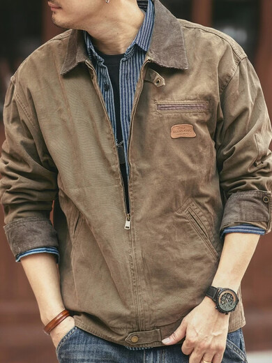 Green Deer American Retro Heavy Duty Work Jacket Men's Trendy Brand Spring and Autumn Pure Cotton Outdoor Hunting Jacket Khaki M Suitable for 115-135 Jin Jin equals 0.5 kg