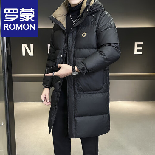 罗蒙（ROMON）羽绒服男冬季外套2025新款中长款连帽高端帅气保暖加厚冬装男 黑色国标 M