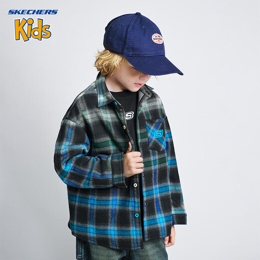 Skechers children's clothing boys' shirt winter style plaid top for middle and large children, lake blue 130