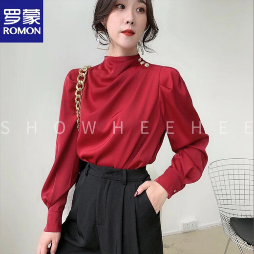 ROMON shirt women's high-end temperament retro French shirt satin acetate professional light luxury fashion stand-up collar top high-end burgundy S