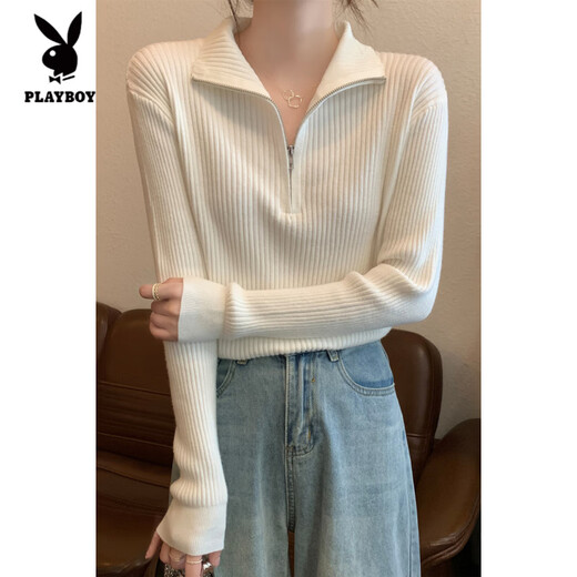 Playboy (PLAYBOY) new spring, autumn and winter stand-up collar long-sleeved bottoming sweater top can be worn outside with a zipper sweater inside with a western style. White, one size fits all, high elasticity, 70-125Jin Jin is equal to 0.5 kg