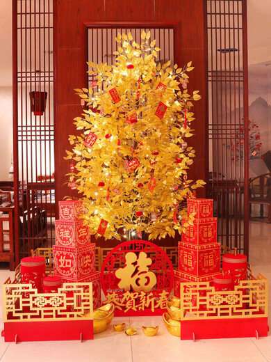Xushansi 2026 Horse New Year Decoration Atmosphere Scene Layout Floor-standing Decoration Spring Festival New Year’s Day Money Fortune Christmas Tree Lights 1.8 Meter Money Tree Package + Lion Wake Style + Fence (Free String Lights + Red Cloth)