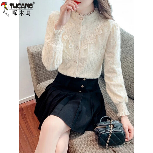 Woodpecker (TUCANO) 2026 Autumn and Winter Warm Shirt Women's Niche Design Velvet Bottoming Shirt Versatile Age-Reducing Long-Sleeved Shirt for Women Apricot Velvet Thickened L Recommended 95-110 Jin Jin equals 0.5 kg