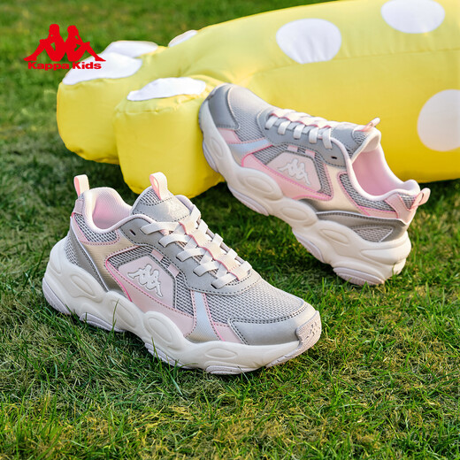 Kappa Children's Shoes Children's Sports Shoes Breathable Mesh 2026 New Spring Cushioning Wear-Resistant Casual Running Shoes for Men and Women Big Children Cold Gray/Light Lotus Pink 38