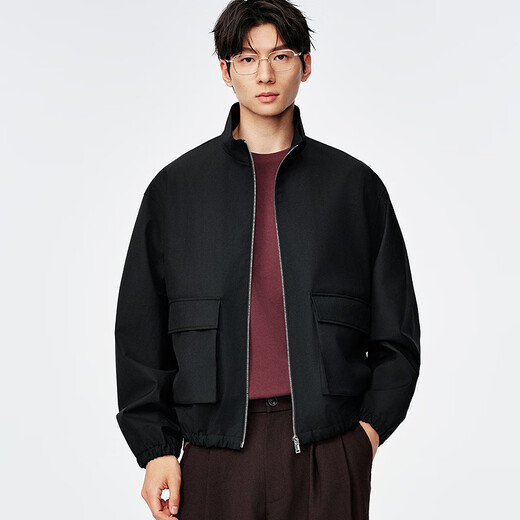 Mr. Cotton Australian imported wool large patch pocket short stand collar jacket for men spring short black jacket for men classic black 2XL