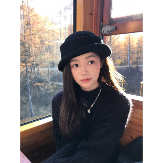 Ao Yanlai Beiguo Letter Republic of China Style Pure Wool Fisherman Hat Women's Autumn and Winter Hepburn Style Small Basin Hat Republic of China Black Adjustable (56-58cm)