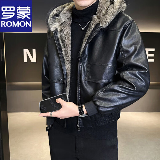ROMON fur one-piece jacket men's winter trendy hooded new velvet thickened loose mountain carving leather jacket men's black XL