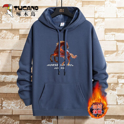 Woodpecker (TUCANO) velvet sweatshirt men's autumn and winter new thickened warm inner hooded tops men's casual men's sweatshirt black/flame horse white velvet M (weight 100-115Jin Jin equals 0.5kg, height 160-170)