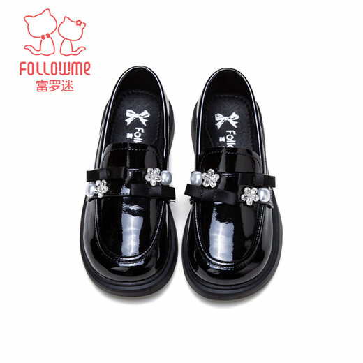 Fuluo Mi Girls Leather Shoes Spring Sweet and Fashionable Campus Loafers Little Girls One-Piece Soft Sole Shoes Shadow Black 32