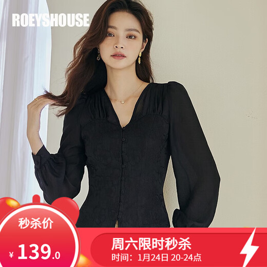 ROEYSHOUSE Luoyi texture jacquard splicing shirt women's autumn new long-sleeved new Chinese style Chinese style shirt 07329 Black S