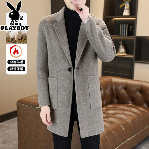Playboy (PLAYBOY) mid-length woolen coat men's high-end light luxury double-sided woolen coat men's long high-end winter windbreaker men's black XL recommended 135-150Jin Jin equals 0.5 kg
