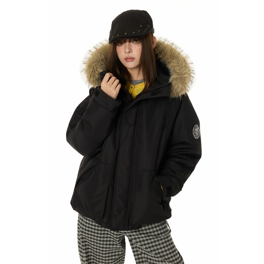 GROUND ZERO couple's large fur collar workwear style design 90 white duck down warm hooded down jacket black L