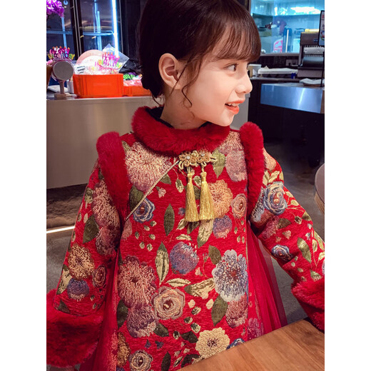 Disney Girls Princess Dress Chinese Style Cheongsam Winter Clothing New Girls Velvet Han Dynasty Clothing Children New Year Clothing Red 140
