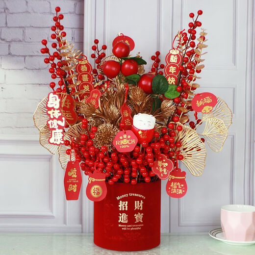 Xu Shansi decorative ornaments fortune fruit red fruit simulation floral blessing bucket flower arrangement fortune ornaments home prosperous house New Year ornaments hot stamping 50cm-Peaceful Joy + Apple
