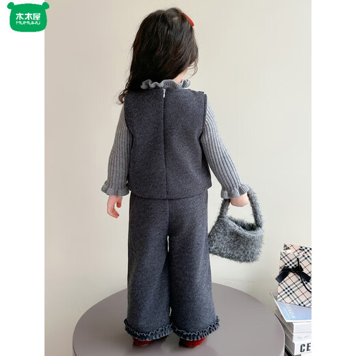 Log Cabin Girls' Velvet Suit Autumn and Winter 2026 New Style Fashionable Baby Girl Big Good-looking Sweater Winter Clothing Three-piece Set Purple Suit Vest + Pants 90 cm