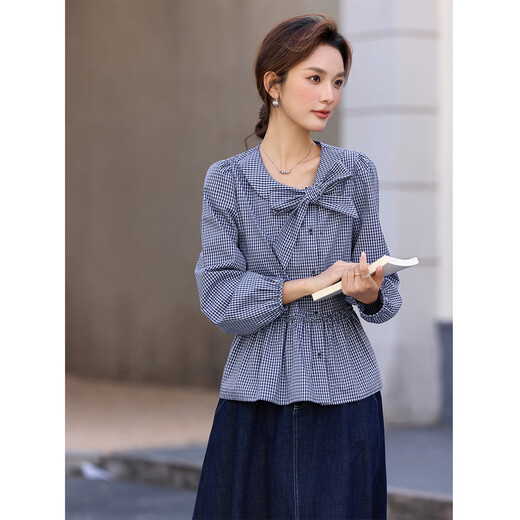 Fanximan blue fashion plaid cotton shirt for women 26 spring new butterfly tie round neck long-sleeved top A3835 blue plaid S (recommended 90-100Jin Jin equals 0.5 kg)
