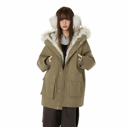 GROUND ZERO work style fur collar hooded design 90 white goose down couple style down jacket brown M