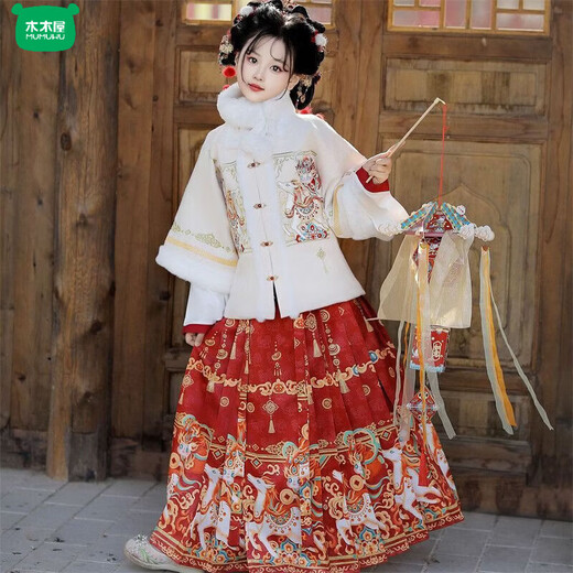 Wooden wooden house original winter style parent-child clear-cut cloud shoulder red festive New Year's Hanfu for women with velvet and thickened heavy embroidery style red single-piece jacket for welcoming wealth 120