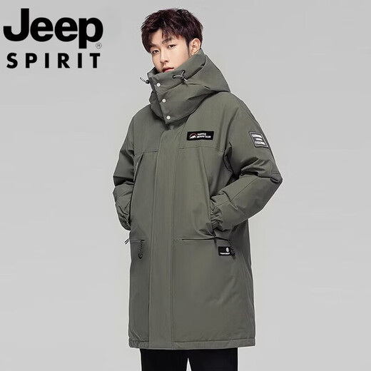 JEEP吉普国际品牌派克羽绒服男士中长款2025冬季新款工装加厚保暖外套 绿色 M 建议90-105斤