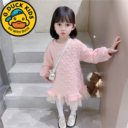 G.duck Little Yellow Duck Girls Dress Western Style Spring and Autumn Clothing Children's Long Sweatshirt Plus Velvet Lace Princess Gauze Skirt Thickened Pink 120