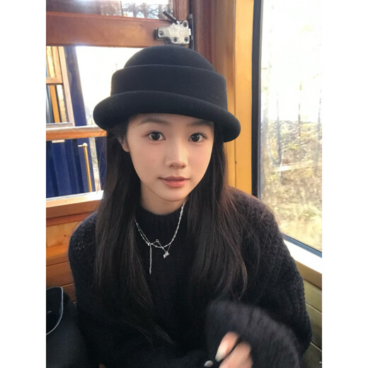 Ao Yanlai Beiguo Letter Republic of China Style Pure Wool Fisherman Hat Women's Autumn and Winter Hepburn Style Small Basin Hat Republic of China Black Adjustable (56-58cm)