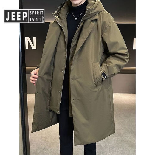 JEEP SPIRIT吉普假两件中长款羽绒服男冬季2025新款高端潮牌时尚个性加厚风衣 军绿色 M 100-130斤