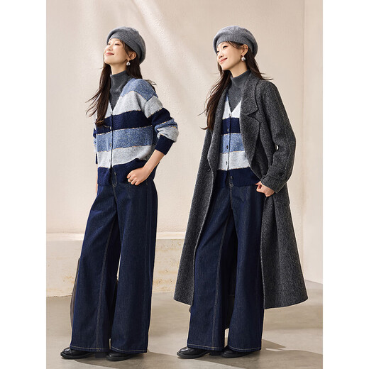 Mohan Yimei Contrast Color Striped Top 2025 Winter Wool V-neck Soft and Waxy Atmosphere Fresh Cardigan Sweater for Women