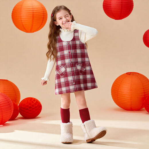 Barbie Children's Clothes Girls New Year's Clothes Dress Girls' Skirt Red Wool Thick Plaid Tank Top BY008